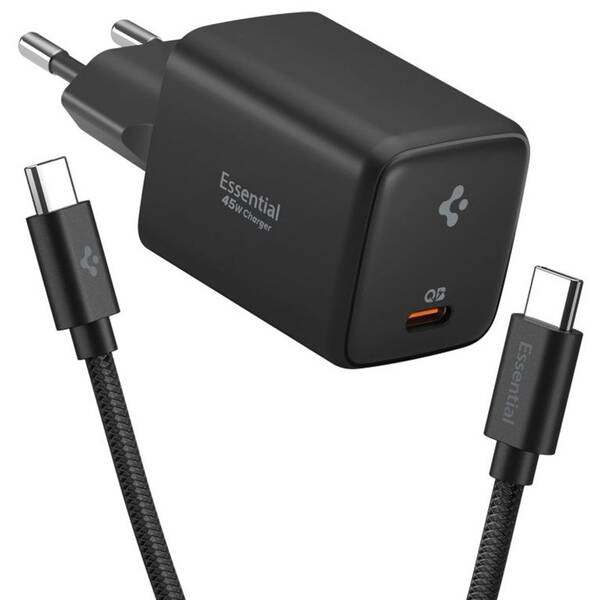 Nabíjačka do siete Spigen Essential 45W, USB-C + USB-C kabel čierna

