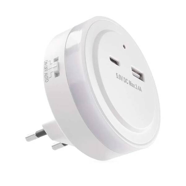Nočné svetlo EMOS do zásuvky, 0,3W, USB C+A biele

