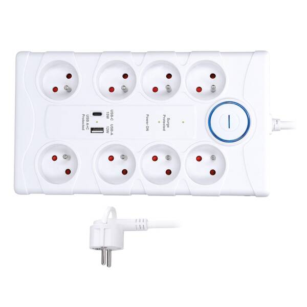 Prepäťová ochrana Solight 8x zásuvka, USB A + C, 2m biela

