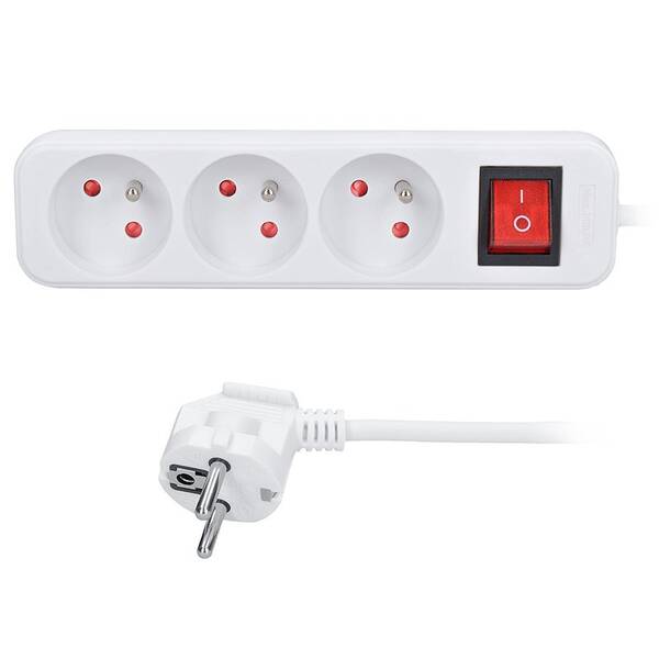 Kábel predlžovací Solight 3 zásuvky, vypínač, 3 x 1.5mm2, 3 m biely

