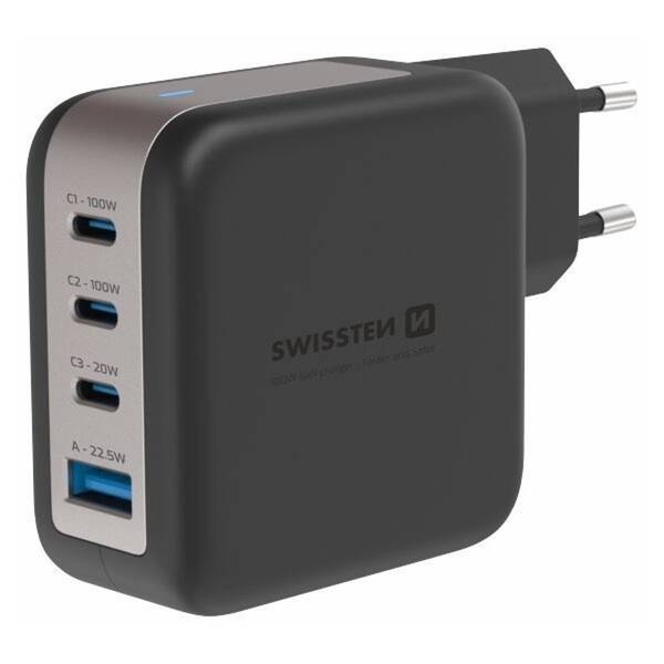 Nabíjačka do siete Swissten GaN 3x USB-C 100W PD + 1x USB-A 18W QC čierna

