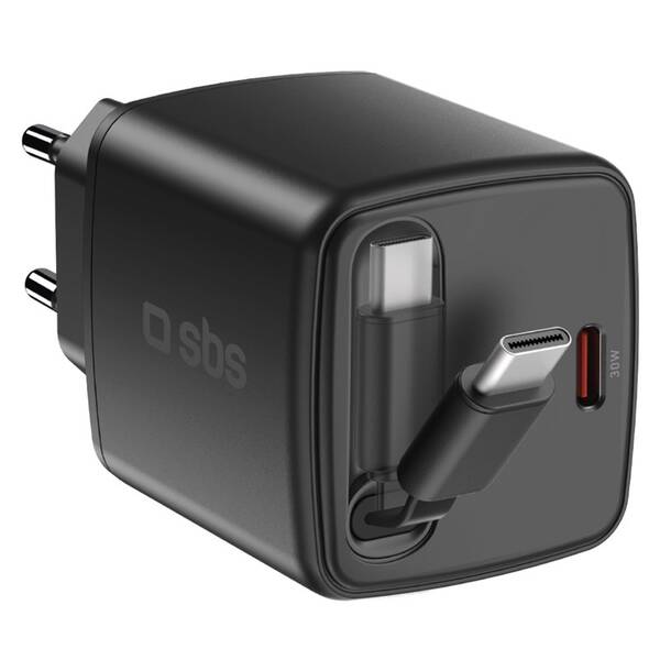 Nabíjačka do siete SBS USB-C, PD, 30 W, integrovaný USB-C kábel 0,75 m čierna

