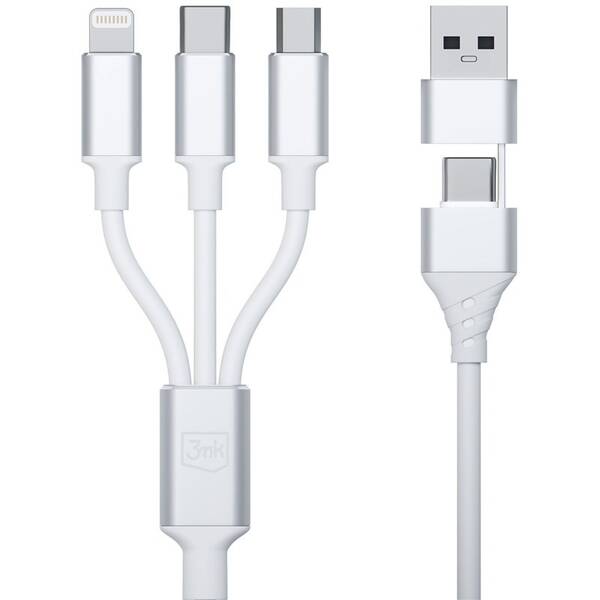 Kábel 3mk Hyper 3in1 USB-A/USB-C na USB-C/microUSB/Lightning, 1,5m biely

