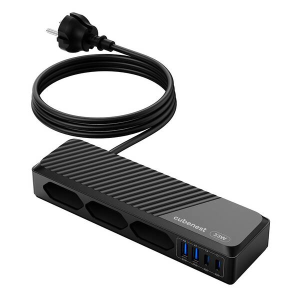 Kábel predlžovací Cubenest SlimLine PowerStrip, 3x AC zásuvka, 2x USB-A + 2x USB-C 33W, 1,5m čierny

