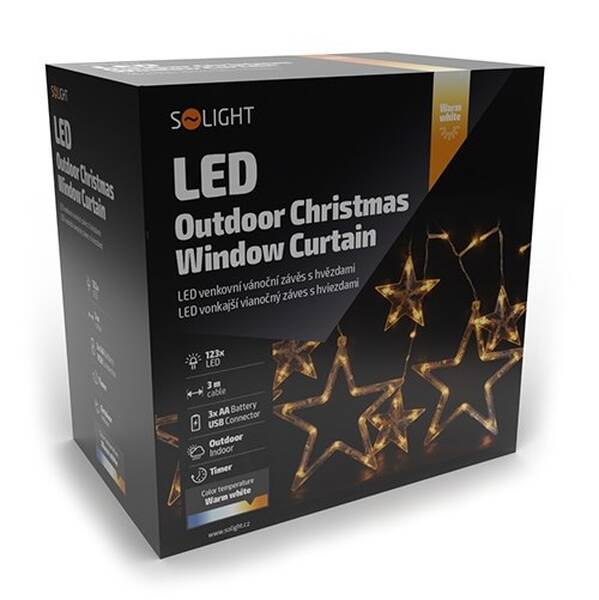 Vianočné osvetlenie Solight záves - hviezdy, šírka 3m, 123LED, IP44, 3xAA, teplá biela 

