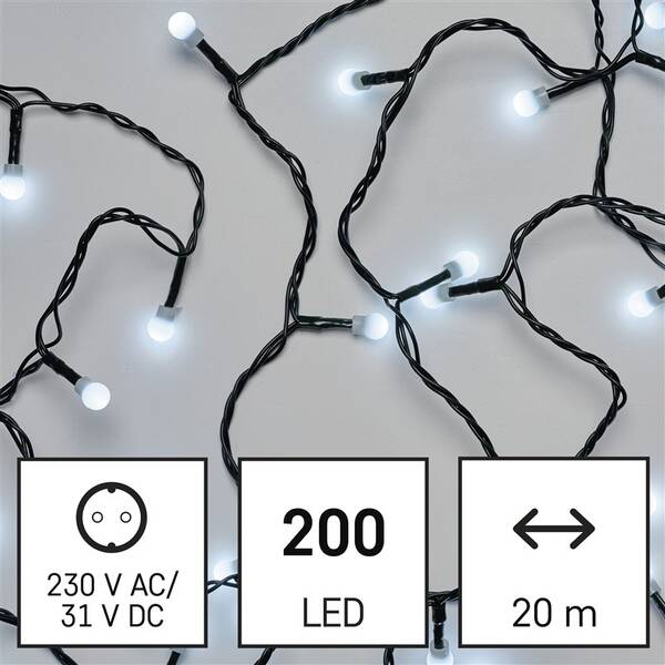 LED reťaz EMOS 200LED cherry reťaz - guličky, 20 m, vonkajšia aj vnútorná, studená biela, programy, časovač 

