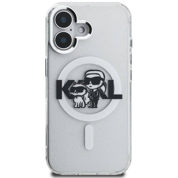 Kryt na mobil Karl Lagerfeld IML Glitter Karl and Choupette Sketch MagSafe na Apple iPhone 16 priehľadný

