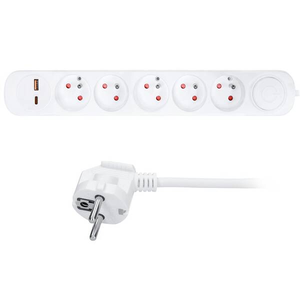 Kábel predlžovací Solight 5 zásuviek, USB A + C 20W PD, vypínač, 3 x 1mm2, 3 m biely

