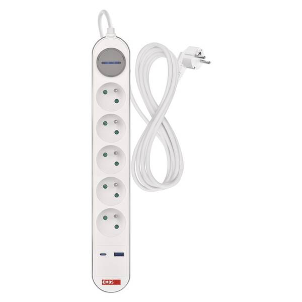 Kábel predlžovací EMOS 5Z 3M S VYP.1,5MM+USB A+C sivý/biely

