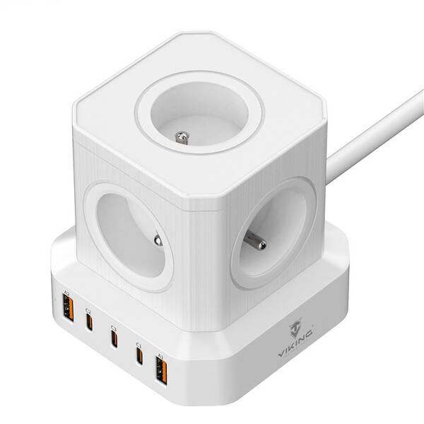 Kábel predlžovací Viking ACT55, 5x zásuvka, 3x USB-C a 2x USB-A, vypínač, 2m biely

