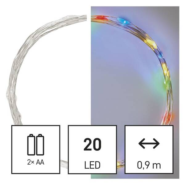 Vianočné osvetlenie EMOS 20 LED nano reťaz, 1,9 m, 2x AA, vnútorné, multicolor, časovač 

