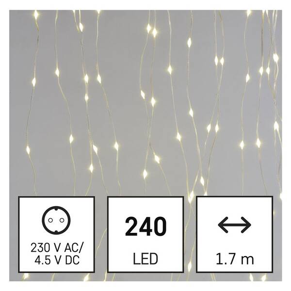 Vianočné osvetlenie EMOS 240 LED drop řetěz – záclona, 1,7x2 m, venkovní i vnitřní, teplá bílá, programy 

