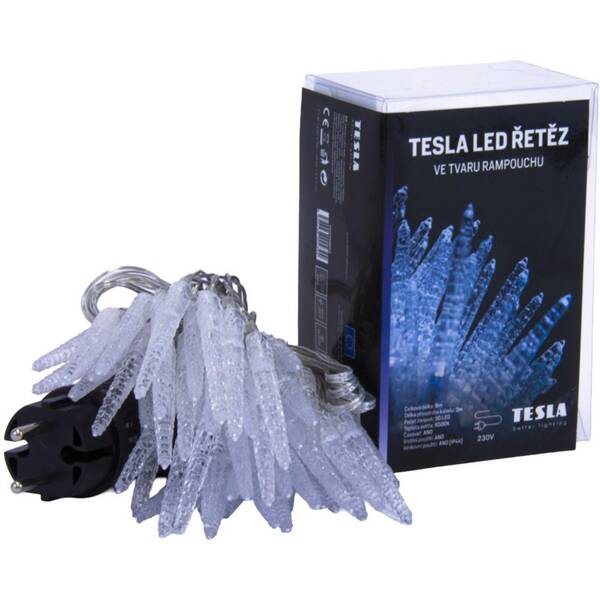 Vianočné osvetlenie TESLA lighting vianočná reťaz cencúľ, 50 LED, 5m + 3m kábel, 230V, časovač, IP44 

