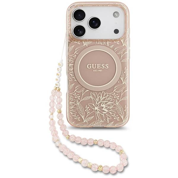Kryt na mobil Guess IML Flowers Allover Strap MagSafe na Apple iPhone 17 Pro ružový

