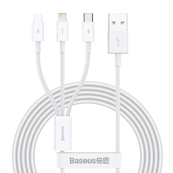 Kábel Baseus Superior 3v1 USB/microUSB+Lightning+USB-C, 3,5A, 1,5m biely

