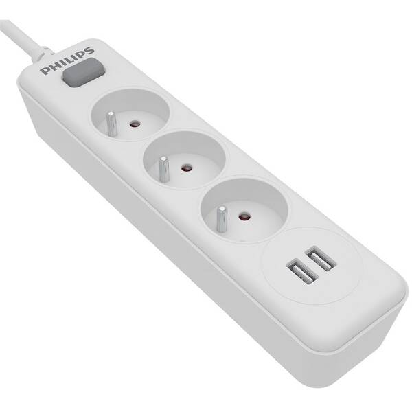 Kábel predlžovací Philips 3x zásuvka + 2x USB-A, s vypínačom, 2 m biely

