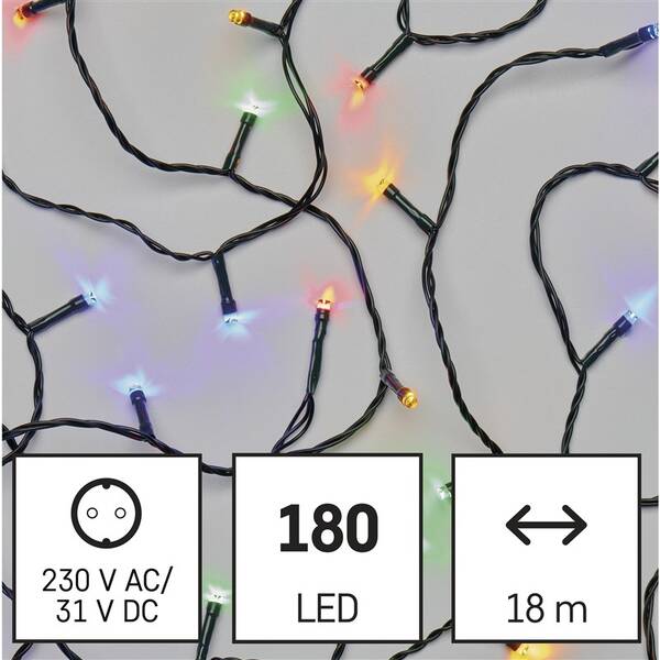 LED reťaz EMOS 180LED reťaz, 18 m, vonkajšie aj vnútorné, multicolor, programy, časovač 

