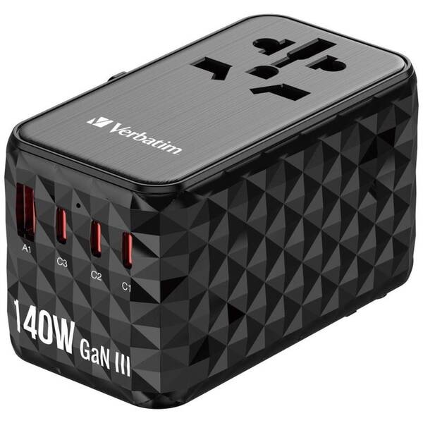 Cestovný adaptér Verbatim UTA-10 GaN III, 140W, 3x USB-C, 1xUSB čierny

