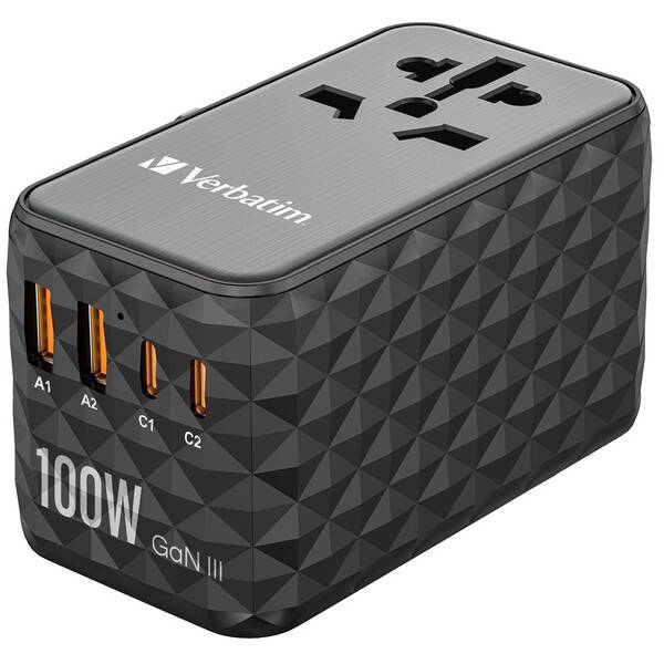 Cestovný adaptér Verbatim UTA-06 GaN III, 2x USB-C PD 100W & QC 4+, 2x USB-A QC 3.0 čierny


