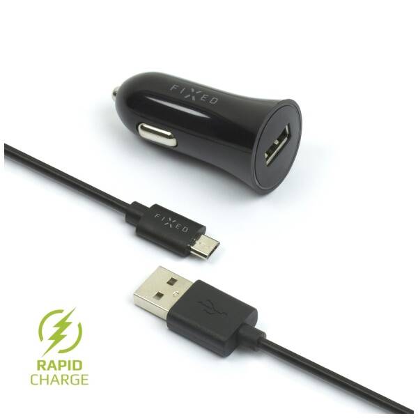 Adaptér do auta FIXED 1x USB, 2,4 A + micro USB kábel čierny

