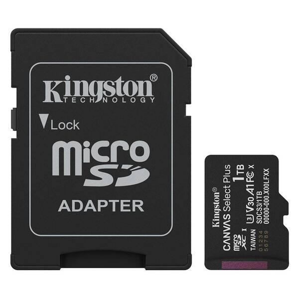 Pamäťová karta Kingston Canvas Select Plus MicroSDXC 1TB UHS-I U3 (R150/W30) + adaptér čierna

