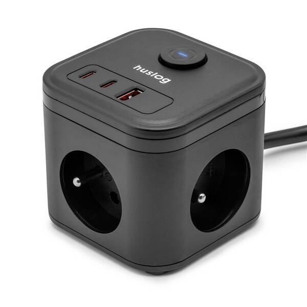 Kábel predlžovací Huslog 20W 3xzásuvka, 2xUSB-C, 1xUSB čierny

