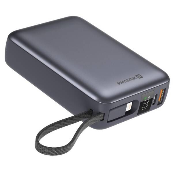 Powerbank Swissten s integrovanými káblami USB-C a Lightning, 20000 mAh strieborný

