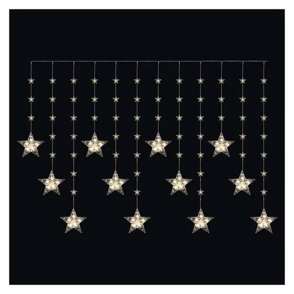 LED reťaz EMOS vánoční závěs – hvězdy, 170x85 cm, 3x AA, venkovní i vnitřní, teplá bílá, časovač priehľadný

