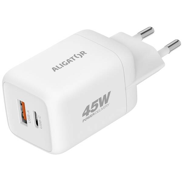 Nabíjačka do siete Aligator Power Delivery 45W, 1×USB-A + 1×USB-C biela

