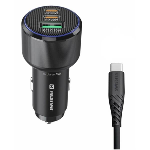 Adaptér do auta Swissten 2x USB-C PD + USB-A, 95W + USB-C kábel 1m čierny

