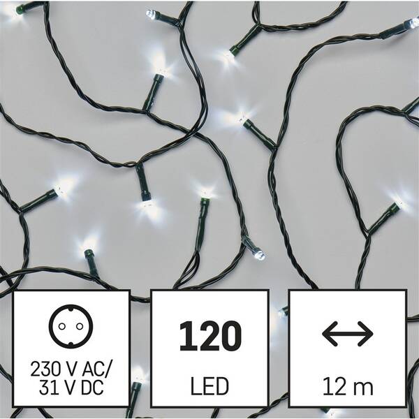 LED reťaz EMOS 120LED reťaz, 12 m, vonkajšia aj vnútorná, studená biela, programy, časovač 

