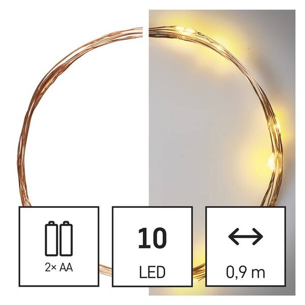 Vianočné osvetlenie EMOS 10 LED nano reťaz medená, 0,9 m, 2x AA, vnútorná, teplá biela, časovač 

