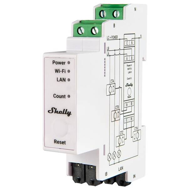 Modul Shelly Pro 3EM, merač spotreby vr. 3 svoriek 120A, Wi-Fi 

