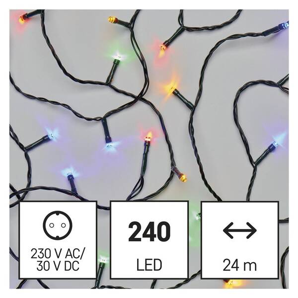 Vianočné osvetlenie EMOS 240 LED reťaz, 24 m, vonkajšie aj vnútorné, multicolor, časovač 


