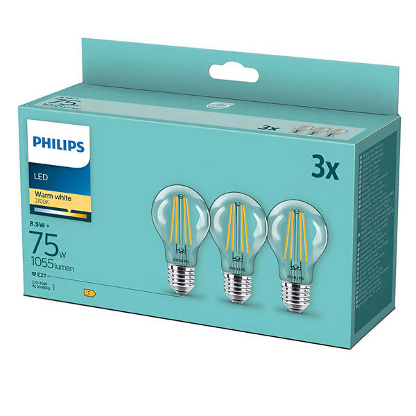 LED žiarovka Philips klasik, 8,5 W, E27, teplá biela, 3ks 

