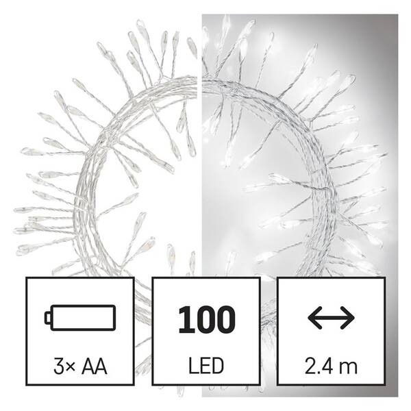 Vianočné osvetlenie EMOS 100 LED nano reťaz - ježko, 2,4 m, 3x AA, vnútorná, studená biela, časovač 

