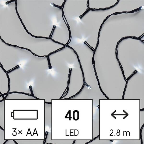Vianočné osvetlenie EMOS 40 LED reťaz, 2,8 m, 3x AA, vonkajšie aj vnútorné, studená biela, časovač 

