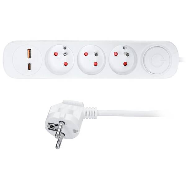 Kábel predlžovací Solight 3 zásuvky, USB A + C 20W PD, vypínač, 3 x 1mm2, 2 m biely

