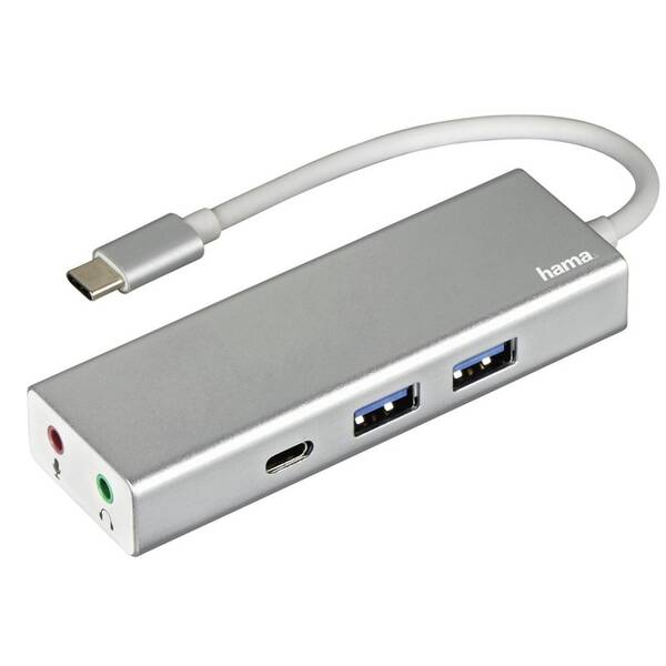 USB Hub Hama USB-C/2x USB, USB-C, Jack 3,5mm strieborný

