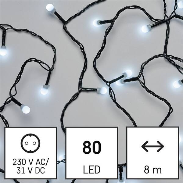 LED reťaz EMOS 80LED reťaz, 8 m, vonkajšia aj vnútorná, teplá biela, programy, časovač 

