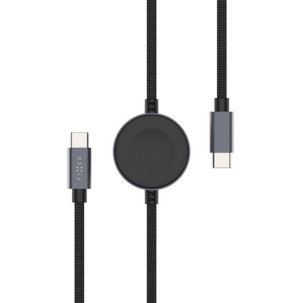 Nabíjací kábel FIXED USB-C/USB-C a Apple/Samsung Watch nabíjačkou, 1,5 m, PD 60W sivý

