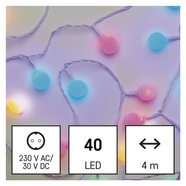 Vianočné osvetlenie EMOS 40 LED cherry reťaz - guličky 2,5 cm, 4 m, vonkajšie aj vnútorné, multicolor, časovač 

