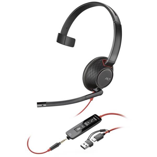 Headset HP Poly Blackwire 5210, 3,5 mm jack + USB-C/A adaptér, mono čierny

