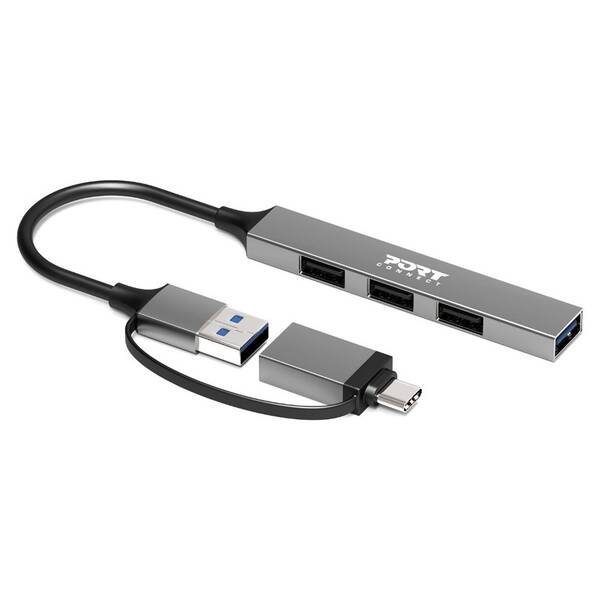 USB Hub PORT CONNECT USB-A/USB-C, 1x USB 3.0 + 3x USB 2.0 strieborný

