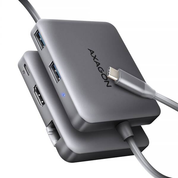 USB Hub Axagon MC-5HL - 2x USB-A/HDMI/RJ-45/PD 100W - kábel USB-C 20cm sivý

