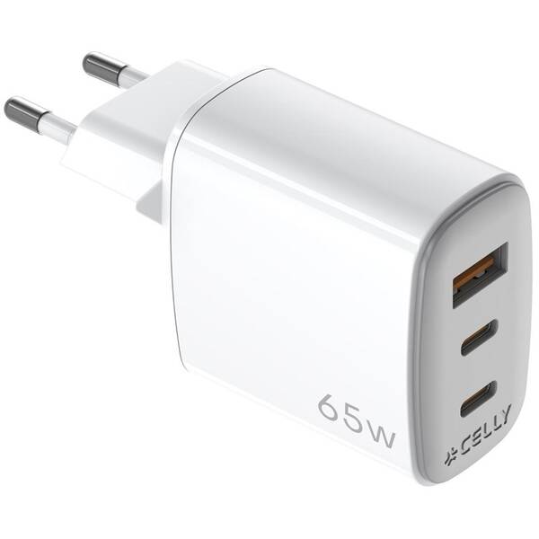 Nabíjačka do siete Celly 2x USB-C/USB-A, GaN, 65 W biela

