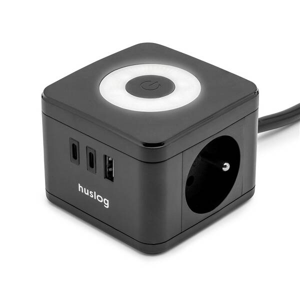 Kábel predlžovací Huslog 12W 2xzásuvka, 2xUSB-C, 1xUSB čierny

