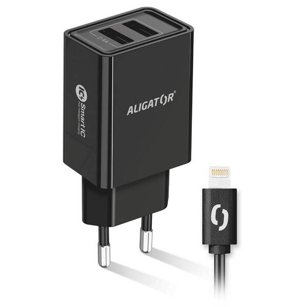 Nabíjačka do siete Aligator 2,4A, 2xUSB, smart IC, USB kábel pre Apple čierna

