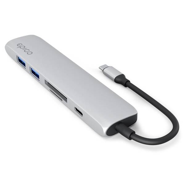 USB Hub Epico 6in1 Aluminium 8K USB-C/1× USB-C, 2× USB 3.0, HDMI, microSD, SD strieborný

