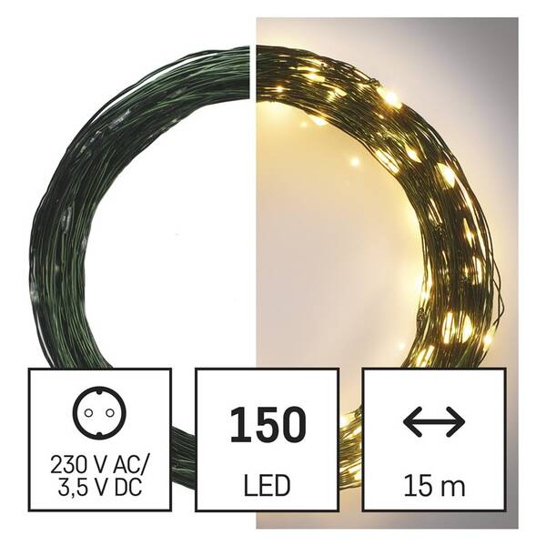 Vianočné osvetlenie EMOS 150 LED nano reťaz zelená, 15 m, vonkajšia aj vnútorná, teplá biela, časovač 

